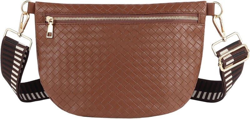 Dealkion Woven Crossbody Bags for Women Leather Belt Bum Sling Purse Fanny Waist Pack Chest Shoulder Bag for Women-Dark Brown - Image 1